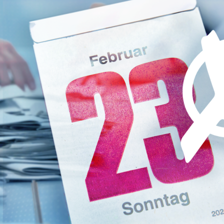 Ein Kalender, auf dem das Datum 23. Februar 2025 angezeigt wird. Daneben ein Wahlkreuz