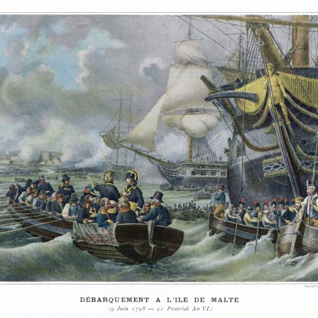 Unterwegs nach Ägypten: Das zeitgenössische Gemälde zeigt Napoleon Bonaparte am 09. Juni 1798 mit seiner Flotte vor Malta
