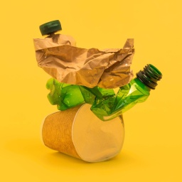 Studioaufnahme von schwer zu recyclenden Kunststoffverpackungen wie Kaffebecher und folierte Verpackungen vor gelbem Hintergrund.