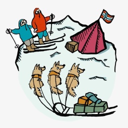 Eine Zeichnung zeigt Schlittenhunde, zwei Leute auf Skiern und eine norwegische Flagge auf einem Zelt