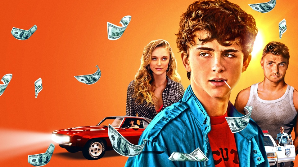 Gestaltetes Poster mit den Hauptdarstellern Thimothée Chalamet, Maika Monroe und Alex Roe.