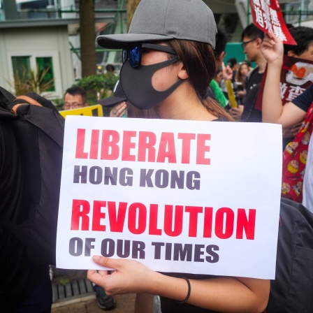 Proteste in Hongkong. Eine Frau trägt ein Plakat mit der Aufschrift &#034;Liberate Hongkong. Revolution of our times&#034;