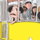 Ausschnitt aus dem Buch-Cover: Fahrer Amadeo lächelt am Steuer seiner vollbesetzten Straßenbahn