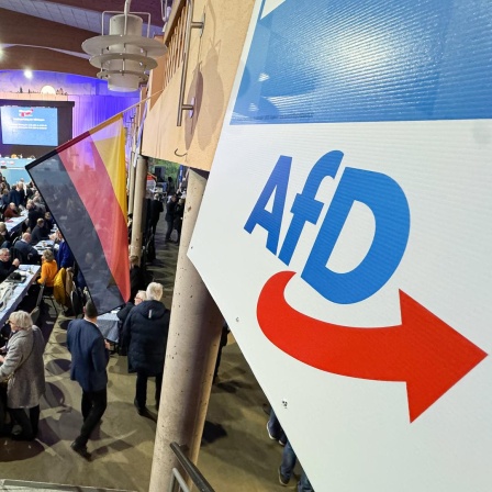 Eine Logo der AfD hängt in einem Saal an der Wand.