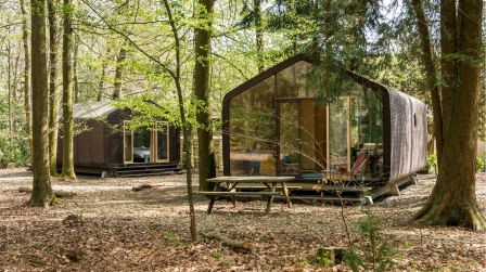 Zwei sogenannte Wikkelhouse fügen sich in ihrem Design harmonisch in den Wald ein. 