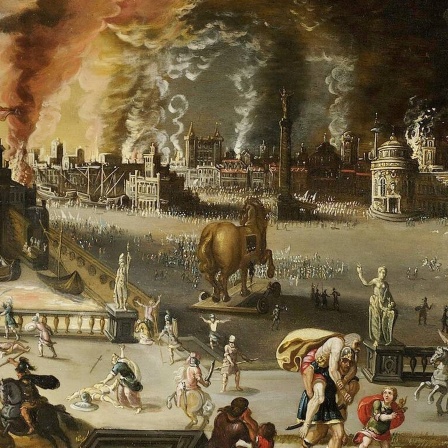"Das brennende Troja" von Monsù Desiderio, um 1593, Öl auf Holz. Nach Vergil, Aeneis II, 720-732 - rechts Äneas mit seinem gelähmten Vater Anchises und seinem Sohn Askanius; im Hintergrund das Trojanische Pferd und Troja.