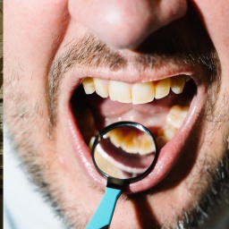 Bärtiger Mann mit Zahnarztspiegel im geöffneten Mund