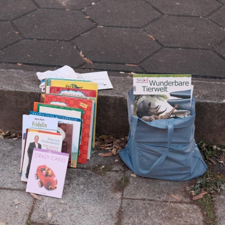 Bücher stehen zur kostenlosen Mitnahme am Bordsteinrand.