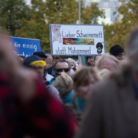Demonstrantin bei einer AfD-Wahlkampfkundgebung mit Schild: Lieber Schweinemett statt Mohammed!