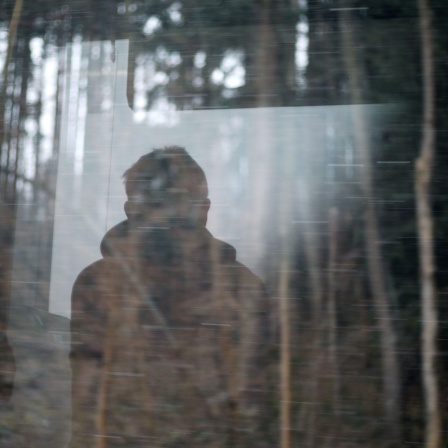 Ein junger Mann blickt aus dem Fenster eines Regionalexpress, der an einem Wald vorbei fährt. 