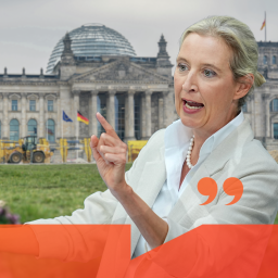 Alice Weidel steht vor dem Bundestag und argumentiert lautstark.