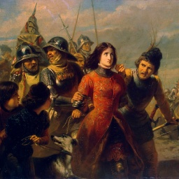 Auf einem Gemälde sieht man eine Frau in rotem Kleid, die von Soldaten festgenommen wird. Ihr Blick geht starr zum Himmel. Sie wirkt gedanklich abwesend.