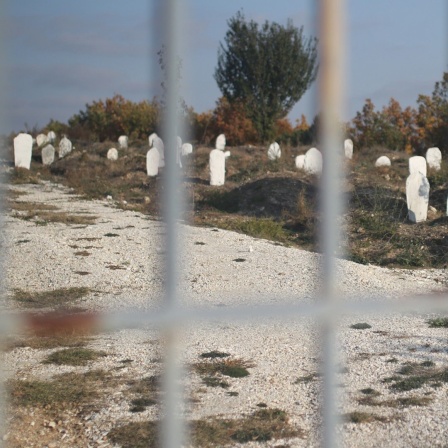 Hinter einem Gitterzaun sind viele schlichte Grabsteine auf Sandboden sichtbar.