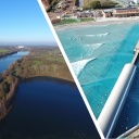 Elfrather See (l) und Planung Surfpark (r), COLLAGE