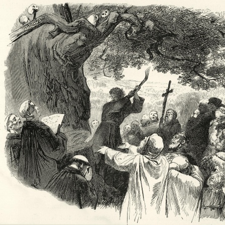 Eine Person fällt mit einer Axt einen großen Baum. Mehrer Personen schauen dabei zu.