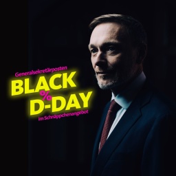 Eine satirische Werbeanzeige mit Christian Lindner und dem Slogan "Black D-Day - Generalsekretärposten im Schnäppchenangebot"