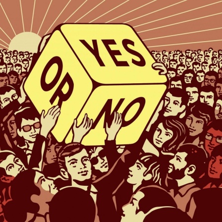 Menschenmenge übergibt großen Würfel mit Ja oder Nein-Entscheidung.