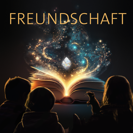 Drei Kinder und eine Ratte sitzen vor einem leuchtenden Buch – darüber das Wort „Freundschaft“