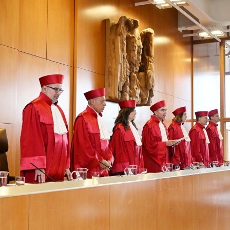 Der Erste Senat des Bundesverfassungsgerichts verkündet das Urteil zum "Bundeskriminalamtgesetz - Datenplattformen" (Bild: dpa/ Uli Deck)