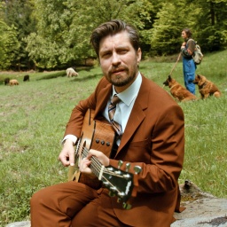 David Julian Kirchner spielt ein Lied auf der Gitarre inmitten einer Kuh-Herde