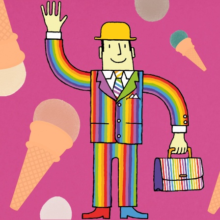 Illustration: Der zauberhafte Nachbar Herr Röslein trägt einen Regenbogenanzug und winkt, um ihm herum sind Eiswaffeln zu sehen.