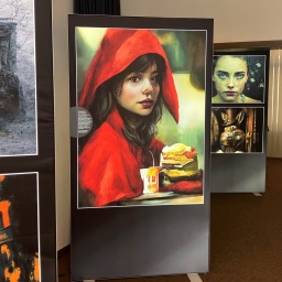 KI-generierte Bilder von Rotkäppchen mit einem Burger, dem Hasen aus "Alice im Wunderland" und dem Mädchen aus "Die Sterntaler"