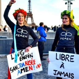 Freude über neues Verfassungsrecht: Femen-Protestierende nutzen am 4. März 2024 den Eiffelturm auf dem Place du Trocadero in Paris als Kulisse