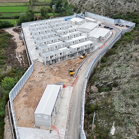 This aerial photo shows the site of a recently build Italian-run migrant centre at the port of Shengjin.