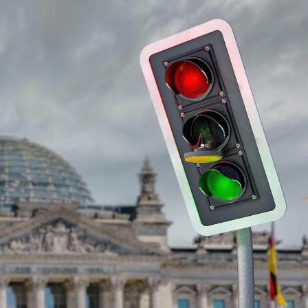 Eine Fotomontage zeigt eine ramponierte Ampel mit einem herausgesprungenen Gelb-Licht vor dem Hintergrund des Reichstagsgebäudes.