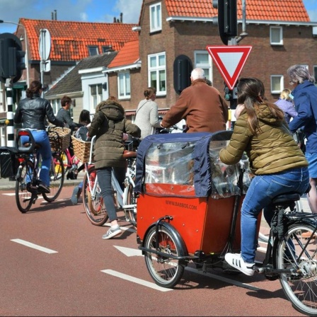 Eine Straßenszene aus dem niederländischen Delft mit vielen Radfahrern.