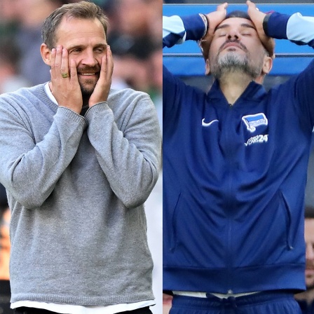 Collage: Union-Trainer Svensson und Hertha-Coach Fiel, beide entsetzt