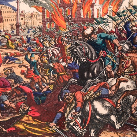 Das Gemälde von Matthäus Merian, dem Älteren aus dem 17. Jahrhundert stellt den Angriff unter Führung von Sultan Mehmet II. auf Konstantinopel am 29. Mai 1453 dar