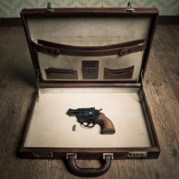 Open vintage leather briefcase with only revolver gun and bullet inside, vintage wallpaper and wooden floor on background.