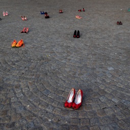 Auf einem PLatz stehen 44 Paare Damenschuhe, die mit roter Farbe befleckt sind. Teil einer Demonstration gegen Frauenmorde.