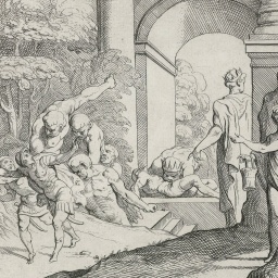 Odysseus im Land der Laistrygonen, Theodoor van Thulden, nach Francesco Primaticcio, 1632–1633, Stich Im Land der Laistrygonen werden einige von Odysseus’ Männern von den dort lebenden Riesen verschlungen. Drei Männer segeln im Vordergrund von der Insel.