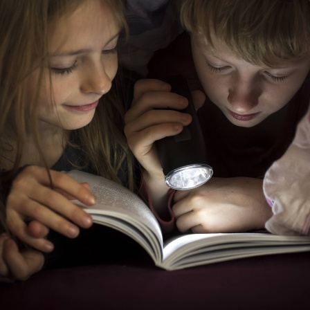 Kinder lesen unter Decke mit einer Taschenlampe