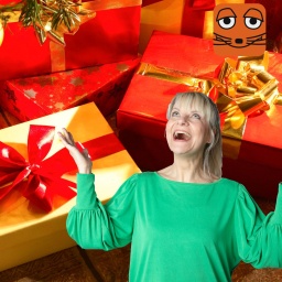 Fotomontage: Eine Frau blickt begeistert nach oben. Es sind verpackte Weihnachtsgeschenke unter dem Tannenbaum zu sehen.