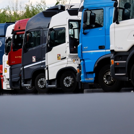 Internationale LKWs stehen auf einem Autobahn-Rastplatz bei Köln.