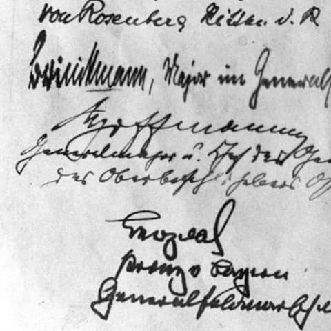 Teil der Urkunde, die den Frieden von Brest-Litowsk beendete, Siegel und Unterschriften