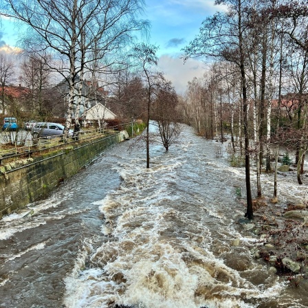 Die hochwasserführende Oker überflutet in Oker teilweise die Promenade.