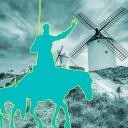 Sancho Panza und Don Quijote vor Windmühlen - Motiv für den dritten Teil des Kinderhörspiels nach Cervantes