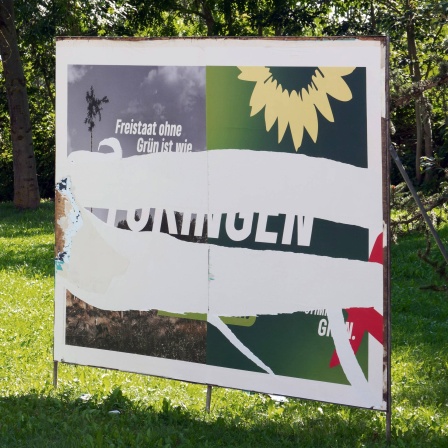 Blick auf ein beschmiertes und abgerissenes Wahlplakat der Partei Buendnis90/Die Gruenen fuer die Thueringer Landtagswahl am 24.08.2024 in Bad Lobenstein