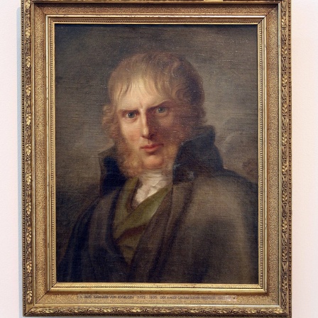 Ein junger Mann mit Backenbart und hochgestelltem Kragen, Gemälde 