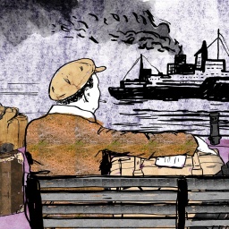 Illustration: Zwei Männer sitzen auf einer Bank und schauen auf ein Schiff im Hafen Lissabons.
