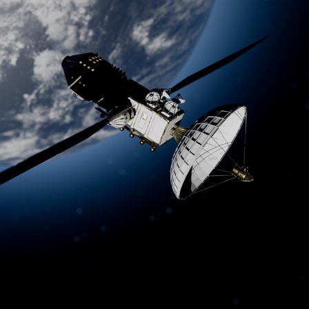 Illustration eines Satelliten, der die Erde vor dem Hintergrund des Weltraums umkreist.