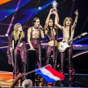 Die Band Band Måneskin feiert beim Eurovision Song Contest in Rotterdam ihren Sieg