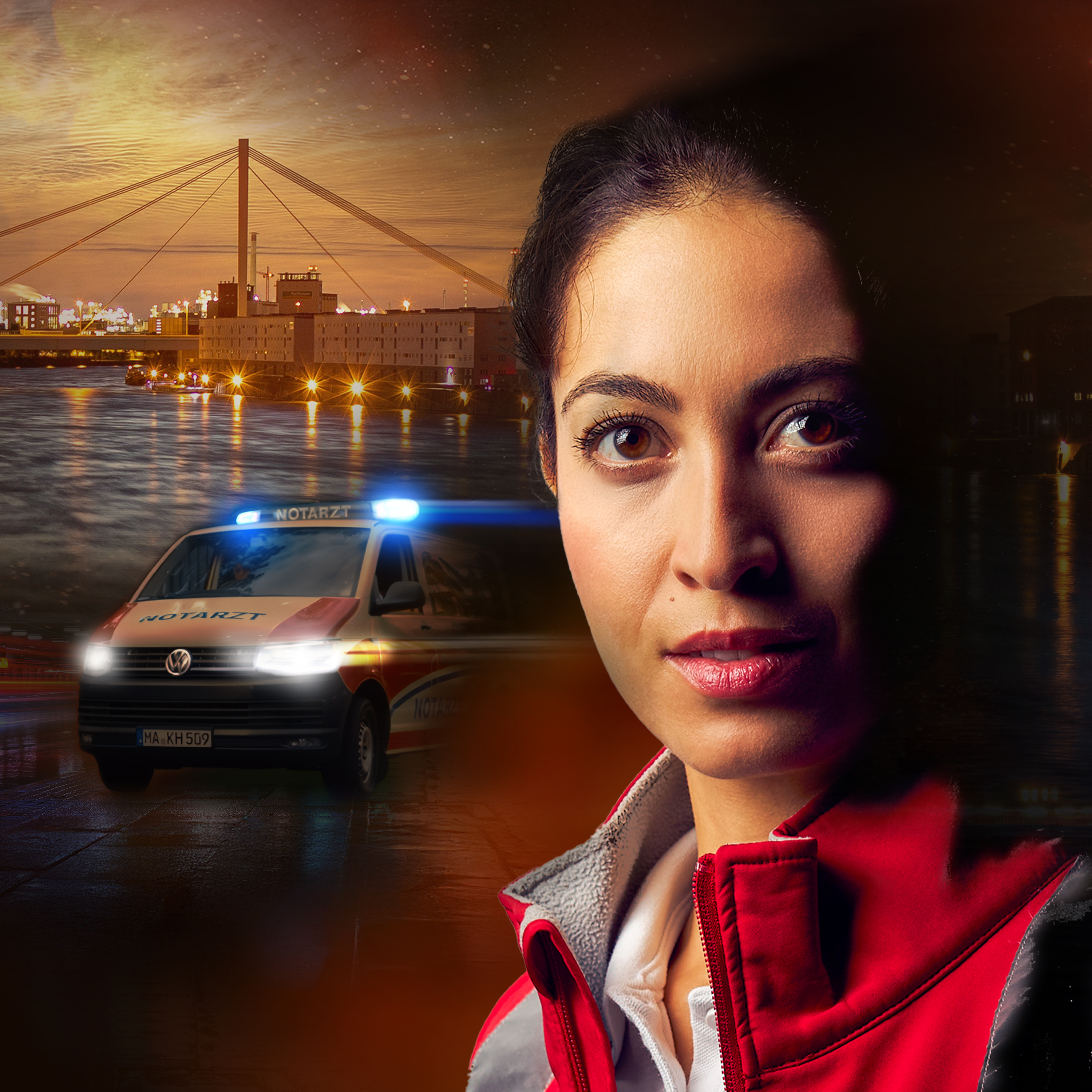 Im Vordergrund eine Aufnahme von Dr. Nina Haddad, gespielt von Sabrina Amali. lm Hintergrund die Aufnahme einer Stadt und ein Notarztwagen.