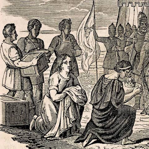 Der Holzstich zeigt die Abdankung von Kaiser Romulus vor dem Germanenführer Odoaker