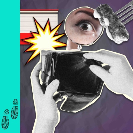 Collage aus einem leeren Portemonnaie, einem durch eine Lupe blickenden Auge, einer Gabel mit einem Stück Essen.