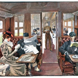 Ein Gemälde, das Zuggäste in einem Speisewagon zeigt